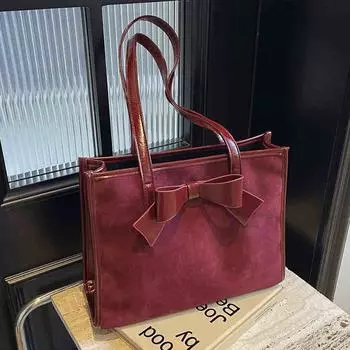 Роскошная красная свадебная сумка-тоут в стиле ретро из искусственной замши с наплечниками, осенне-зимние женские сумки с милым бантом большой емкости