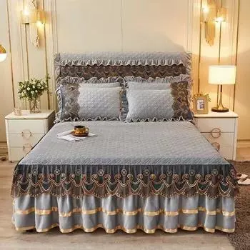 Роскошная кружевная простыня с вышивкой, толстая бархатная стеганая юбка размера Queen, теплое мягкое плюшевое покрывало, наволочка в комплект не входит 1pc Skirt 140x200cm