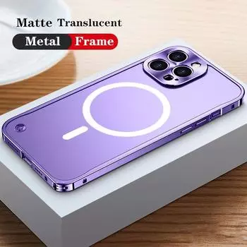 Роскошная металлическая рамка из алюминиевого сплава для iPhone 16 15 14 Plus 13 12 11 Pro Max для беспроводной магнитной зарядки Magsafe, полупрозрачный матовый чехол For IPhone 12 чёрный