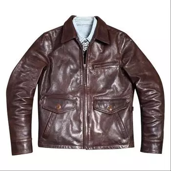 Роскошная мужская куртка из итальянской дубленой козьей кожи. Тонкое пальто из натуральной кожи Moto Rider. Винтажная коричневая кожаная ткань M