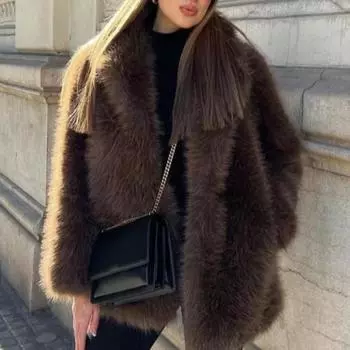 Роскошная однотонная женская куртка из искусственного меха с отворотом и длинным рукавом, теплое пушистое пальто 2025 года, женская уличная верхняя одежда на осень-зиму M коричневый