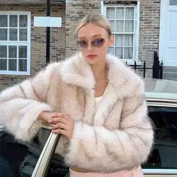 Роскошная пушистая шуба из искусственного меха, женская укороченная куртка с отложным воротником, модная толстая военная верхняя одежда 2024 года, женские новые уличные пальто S