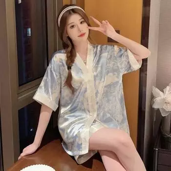 Роскошная шелковая пижама Кимоно Ice Silks Женская пижама Комплект Летнее кимоно V-образный вырез Лацкан Домашние костюмы Повседневная домашняя одежда Сексуальная ночная рубашка M