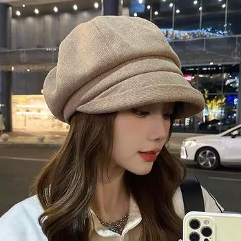 Роскошная шикарная повседневная однотонная шерстяная шапка для женщин с корейским закругленным краем и логотипом Diamond, защитная вязаная шапка