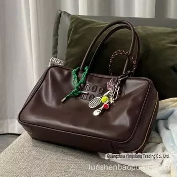 Роскошная сумка Boston из натуральной кожи: Сумка-тоут Internet Celebrity 2024 большой вместимости для поездок на работу коричневый