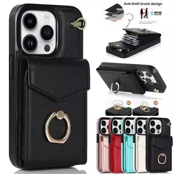 Роскошная сумка для карточек, кошелек с кольцом, кожаный чехол для iPhone 15, 14, 13, 12, 11 Pro Max xs max xr x/Samsung S23 S22 S21 Ultra Plus A14 A13 A12 A53 A54 A52 iPhone 6/6S чёрный