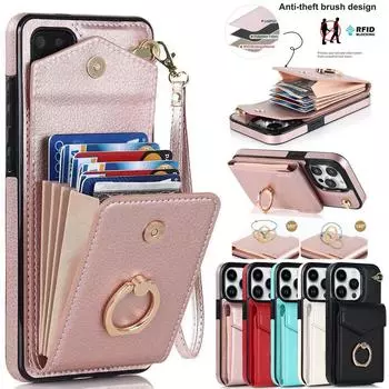 Роскошная сумка для карточек, кошелек с кольцом, кожаный чехол для iPhone 15, 14, 13, 12, 11 Pro Max xs max xr x/Samsung S23 S22 S21 Ultra Plus A14 A13 A12 A53 A54 A52 iPhone 6/6S чёрный