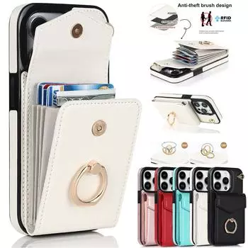 Роскошная сумка для карточек, кошелек с кольцом, кожаный чехол для iPhone 15, 14, 13, 12, 11 Pro Max xs max xr x/Samsung S23 S22 S21 Ultra Plus A14 A13 A12 A53 A54 A52 iPhone 6/6S чёрный