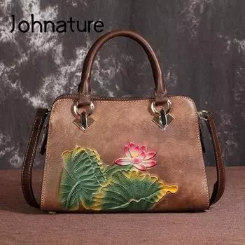 Роскошная сумка Johnature, женские сумки в стиле ретро, сумки из натуральной кожи, сумки ручной работы с тиснением для отдыха, сумки на плечо и через плечо из воловьей кожи черный серый