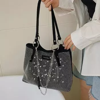 Роскошная сумка-тоут со стразами, женская модная сумка через плечо с большой ручкой для покупок 34x11x26cm чёрный