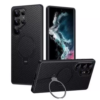 Роскошная текстура из углеродного волокна для чехла Magsafe для Samsung Galaxy S25 Ultra S24 Plus S23, жесткий металлический кронштейн из ПК, магнитный противоударный чехол для телефона Samsung S25 чёрный