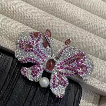 Роскошная тяжелая промышленность трехмерная полная бриллиантовая роза красная бабочка брошь женская элегантная атмосфера ретро пальто булавка