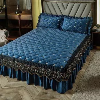 Роскошная утолщенная бархатная стеганая юбка-кровать, вышитое покрывало, мягкая короткая плюшевая простыня королевского размера, не включая наволочку 1pc Skirt 150x200cm
