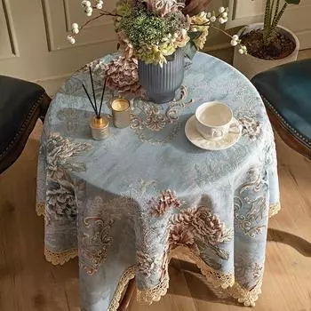 Роскошная жаккардовая квадратная скатерть для круглого стола с кружевом 3D цветок Европейская ткань Обеденный чехол для журнального столика Рождественский декор 60x60cm-Square синий