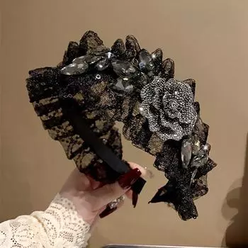 Роскошная женская черная кружевная повязка на голову в корейском стиле с цветком из страз, широкая заколка для волос, женская заколка для волос, новый головной убор