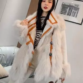 Роскошная женская шуба из овчины и искусственного меха с большим воротником M