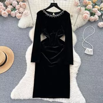 Роскошное бархатное праздничное платье в винтажном стиле Хепберн с бисером, женское облегающее платье-карандаш во французском стиле ретро S чёрный