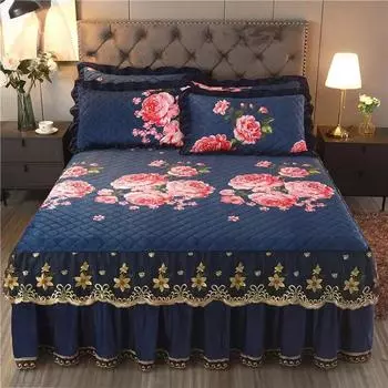 Роскошное бархатное стеганое покрывало, элегантный комплект постельного белья King Queen, короткая плюшевая юбка с принтом, 1 юбка-кровать + 2 наволочки 3pcs Design 150x200
