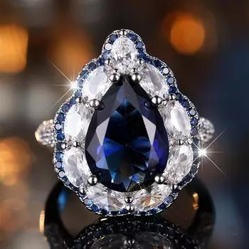 Роскошное большое кольцо с синим кристаллом и цирконием в форме капли воды для женщин, открытое регулируемое кольцо, свадебное украшение для помолвки, подарок синий/серебряный