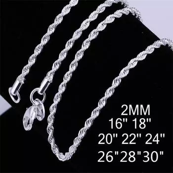 Роскошное дизайнерское ожерелье из стерлингового серебра s925, 2 мм, цепочка-цепочка для женщин, 16-30 дюймов, модные вечерние свадебные украшения, подарки 16inches 40cm серебряный