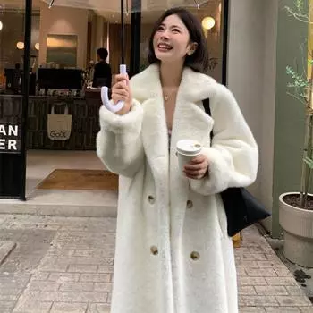 Роскошное длинное пальто из искусственного меха с функцией сохранения тепла на осень-зиму S бежевый