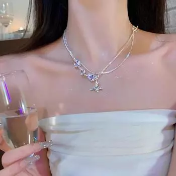 Роскошное двухслойное ожерелье из циркона на ключицу: Модный дизайн для женщин X1072 серебряный