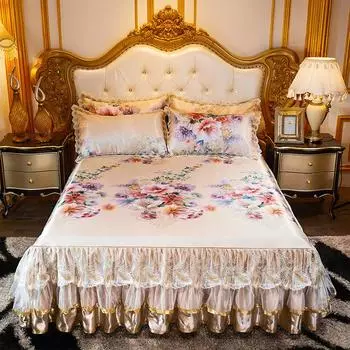 Роскошное европейское покрывало с цветочным принтом, кружевная юбка Queen, летнее покрывало на кровать, охлаждающая простыня для сна, King 2 наволочки 150x200cm 59x79inch