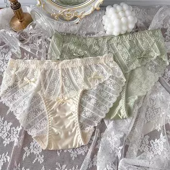 Роскошное французское атласное нижнее белье, женские сексуальные кружевные трусы со средней талией из чистого хлопка, бактериостатическая дышащая сумка, тонкие трусы на бедрах one size чёрный