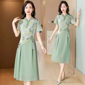 Роскошное и элегантное чайное платье с воротником-стойкой и улучшенным стильным дизайном Cheongsam для женщин L зелёный