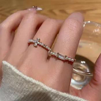 Роскошное искусственное жемчужное цирконовое женское кольцо с цветочным крестом на указательном пальце, открытые регулируемые свадебные украшения, дизайнерский эстетический аксессуар, женский подарок