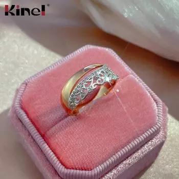 Роскошное кольцо Kinel из розового золота и белого золота для женщин, ювелирные изделия с кристаллами и цветком 7 розового золота