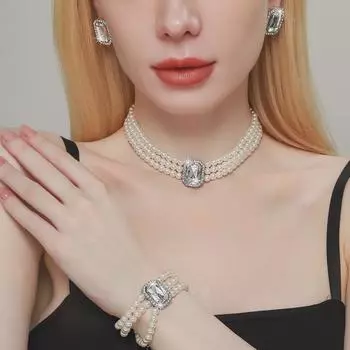 Роскошное многослойное геометрическое ожерелье из искусственного жемчуга и кристаллов с подходящими серьгами золотой/зелёный