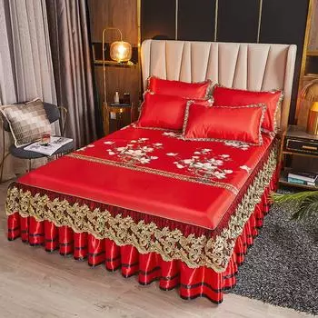 Роскошное моющееся ледяное мягкое постельное белье, кружевная юбка для кровати, живописные покрывала с вышивкой, королевский размер, складной крутой коврик 3 Pcs 120x200cm