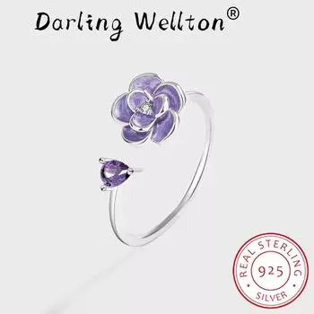 Роскошное овальное кольцо с аметистом и цветком, полное бриллиантовое кольцо для женщин, оригинальное кольцо из стерлингового серебра с фиолетовыми кристаллами, подарок на помолвку, ювелирные изделия Resizable фиолетовый