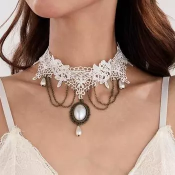 Роскошное ожерелье с подвеской из драгоценных камней и кисточкой из искусственного жемчуга 6630 бронзовый/белый