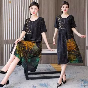 Роскошное платье жены в иностранном стиле с принтом, винтажные свободные женские платья больших размеров, элегантные платья с разрезом L чёрный