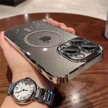 Роскошное покрытие для Magsafe, магнитный чехол с беспроводной зарядкой для iPhone 15 14 Plus 13 12 Pro Max 11, прозрачный блестящий жесткий тонкий чехол из ПК iPhone 15 Pro Max чёрный