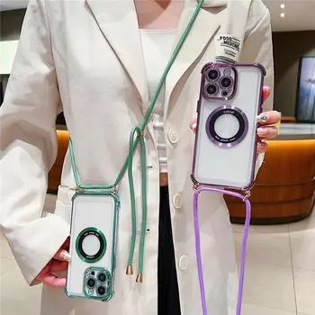 Роскошное покрытие, прозрачное ожерелье через плечо, магнитный ремешок для чехла Magsafe для iPhone 14 Pro Max 13 12 11 Plus, защитный чехол для подушки безопасности iphone 11 серебряный