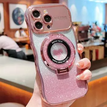 Роскошное покрытие с волнистой каймой, большая крышка объектива для Iphone 15 14 Pro Max 13 12 11, прозрачный блестящий чехол из ТПУ с сердечком любви, задняя крышка с подставкой для ПК iPhone 15 фиолетовый