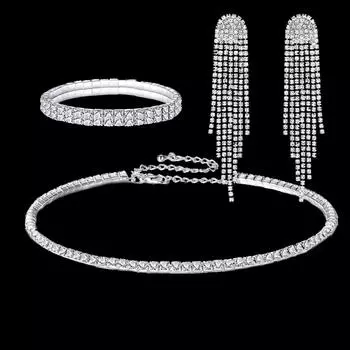 Роскошное простое ожерелье со стразами, длинные серьги с бахромой, браслет из трех частей, свадебные украшения, аксессуары для платья белый