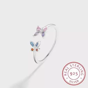 Роскошное Радуга Двойная Бабочка Аметист Полный Бриллиант Пара S925 Серебряное Кольцо для Женщин Цветок Лист Стерлингового Серебра Подарок на Годовщину Ювелирные Изделия Resizable белый