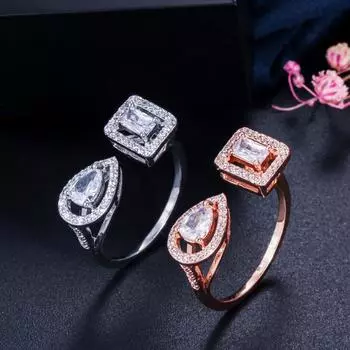 Роскошное регулируемое кольцо с цирконием WWJ для женщин с открытой манжетой розового золота