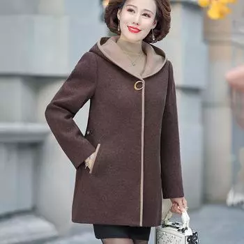 Роскошное шерстяное пальто с капюшоном для женщин среднего возраста - Осень/Зима, свободный крой, с хлопковой подкладкой 5XL (145-165 jin) темно-коричневого