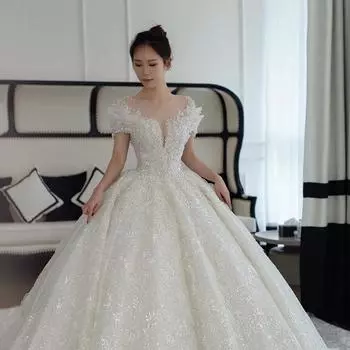 Роскошное свадебное платье для беременных в дворцовом стиле на одно плечо с обильной вышивкой и шлейфом | Элегантное свадебное платье принцессы для беременных M