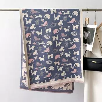 Роскошное Теплое Пончо Кашемир Зима Женский Шарф Милый Принт Кошки Шаль Накидки Женский Толстый Пашминовый Плед Буфанда Путешествия Эшарп 66X186cm