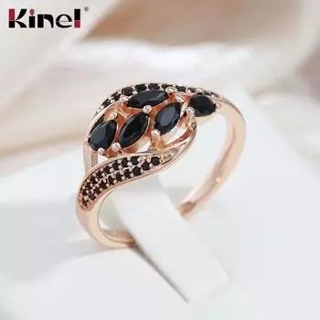 Роскошное женское кольцо Kinel с черным цирконом цвета розового золота 7