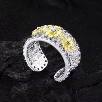 Роскошное женское маленькое кольцо золотого, серебряного цвета, регулируемые свадебные кольца с цветком для женщин, фиолетовое открытое обручальное кольцо со стразами Resizable