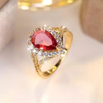 Роскошное женское обручальное кольцо с красным камнем и каплей воды, циркон, модное золотого цвета, свадебное украшение для невесты, подарок для женщин 6 золотой/красный