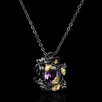 Роскошное женское ожерелье из 925 посеребренного аметиста, подвеска с женским цветком, темпераментное ювелирное изделие, вечерние свитер, цепочка чёрный