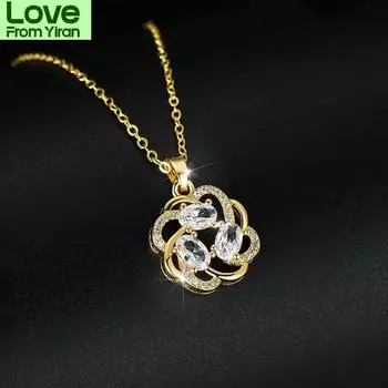 Роскошное женское ожерелье с подвеской из белого циркония, очаровательное свадебное ожерелье золотого цвета для женщин, милое ожерелье с цепочкой из кристаллов и цветов 40cm